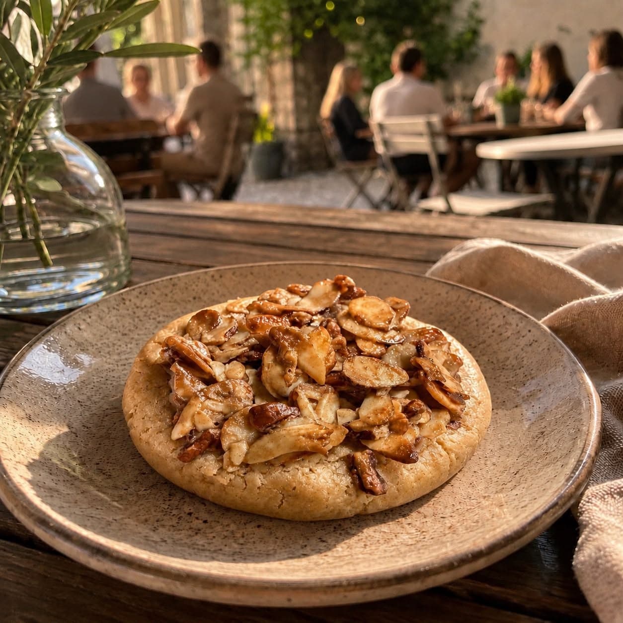 Tosca Cookie topped with caramelized almonds on a ceramic plate.