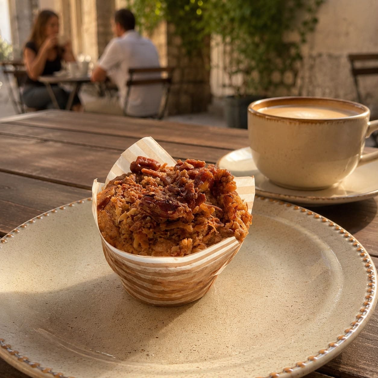 The Banana Carrot Pecan Crunch muffin served with coffee in warm cafe light.