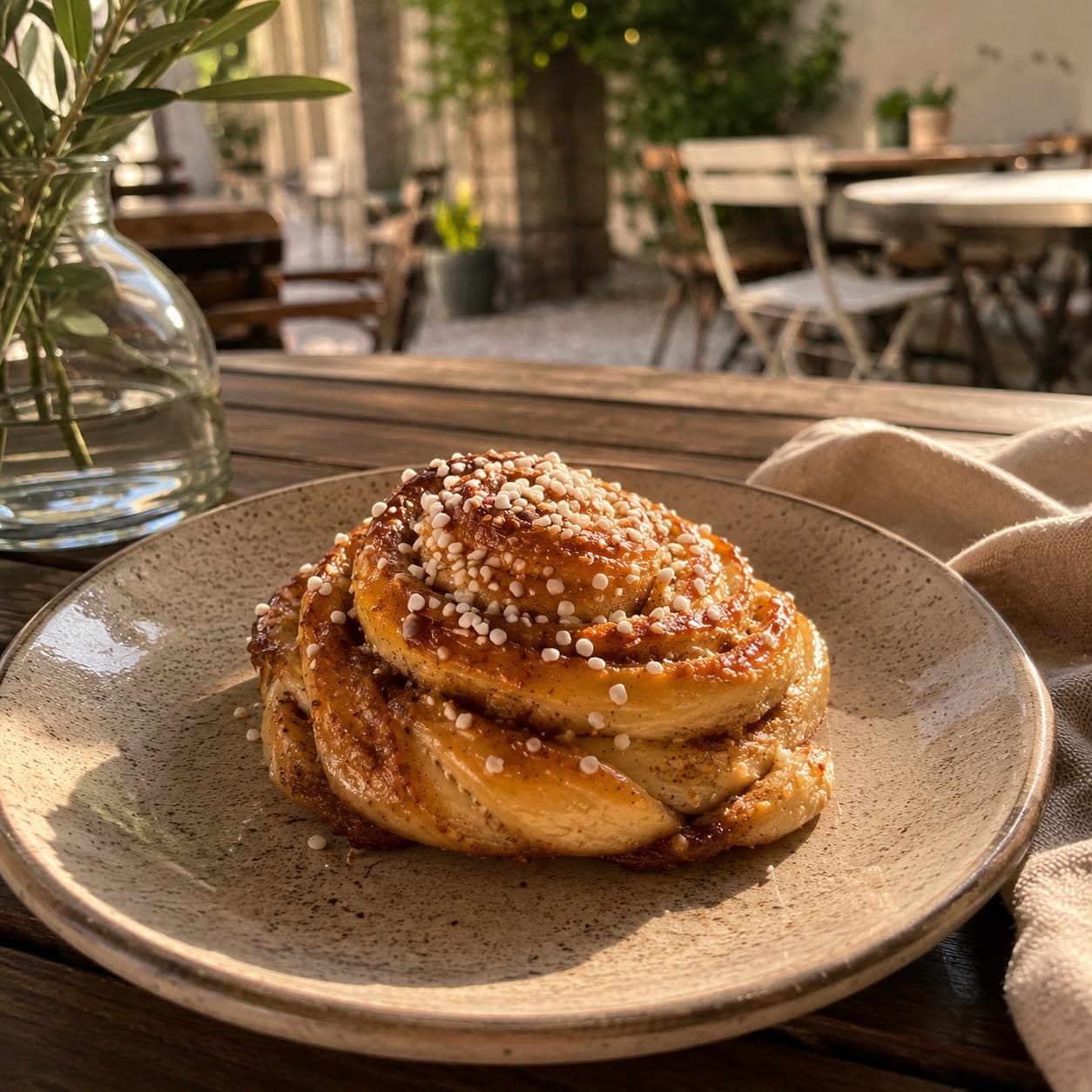 Cinnamon Twist on a ceramic plate in warm cafe sunlight.