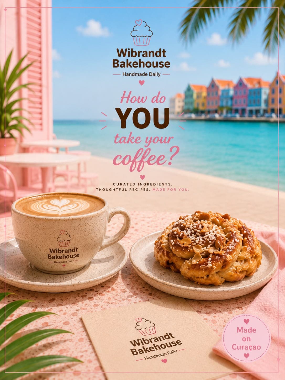 Wibrandt coffee pairing with a fresh bake and Curaçao waterfront colors.