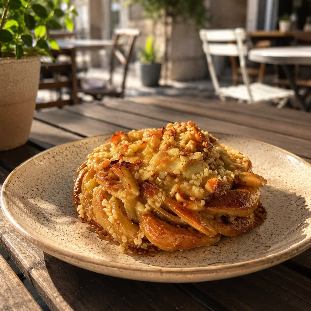 Tosca Twist on a ceramic plate in warm cafe sunlight.