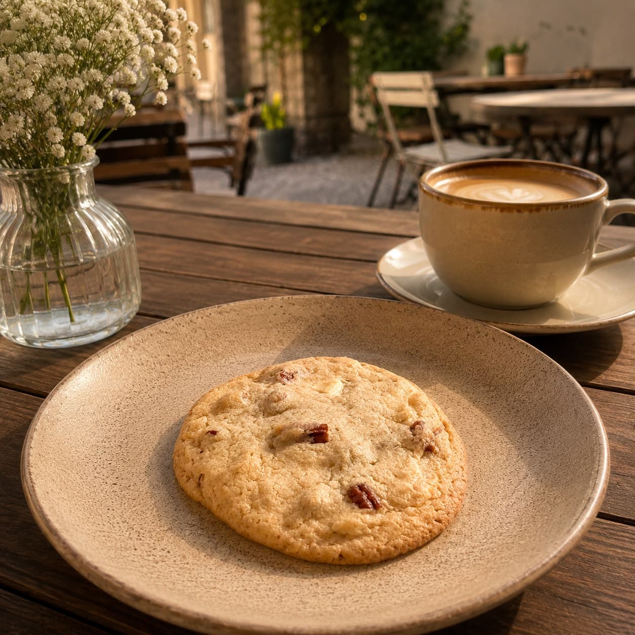 White Chocolate Pecan Crunch on a ceramic plate with coffee.